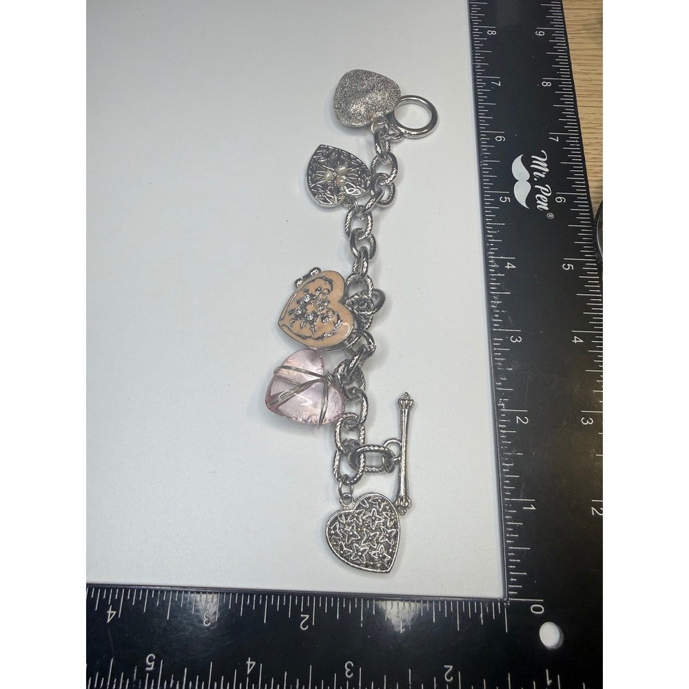 Silver‎ Tone Heart Charm Bracelet Pink Glass Rhinestone Locket Toggle Clasp 8in
